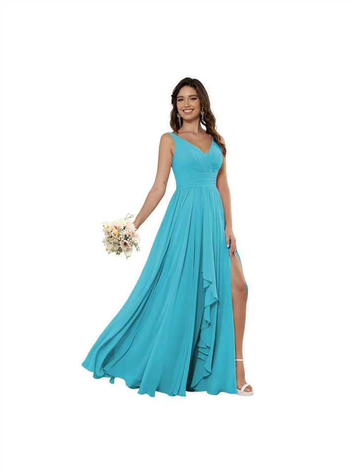A-Line/Princess Chiffon V Neck Sleeveless Floor-Length Bridesmaid Dresses