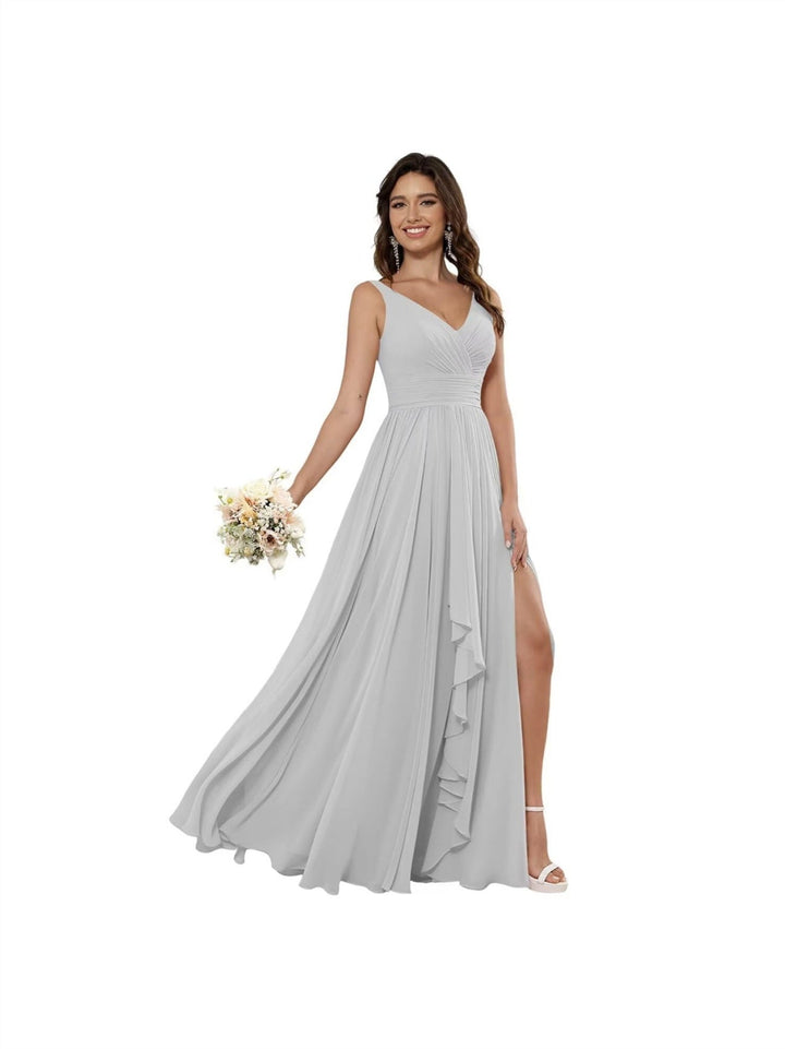 A-Line/Princess Chiffon V Neck Sleeveless Floor-Length Bridesmaid Dresses