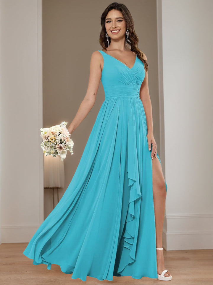 A-Line/Princess Chiffon V Neck Sleeveless Floor-Length Bridesmaid Dresses