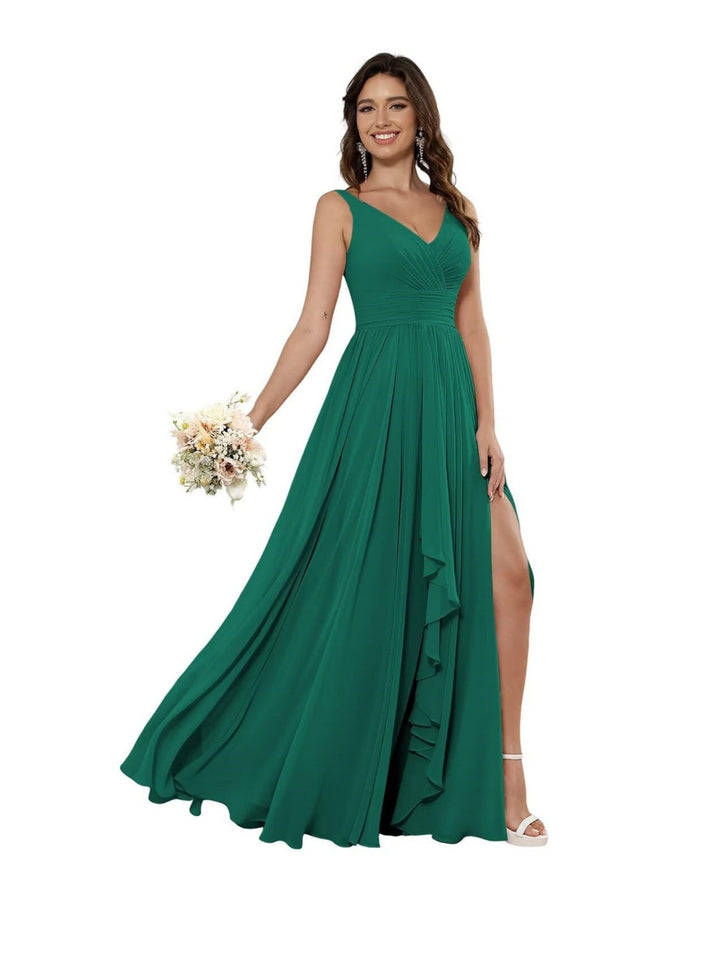 A-Line/Princess Chiffon V Neck Sleeveless Floor-Length Bridesmaid Dresses