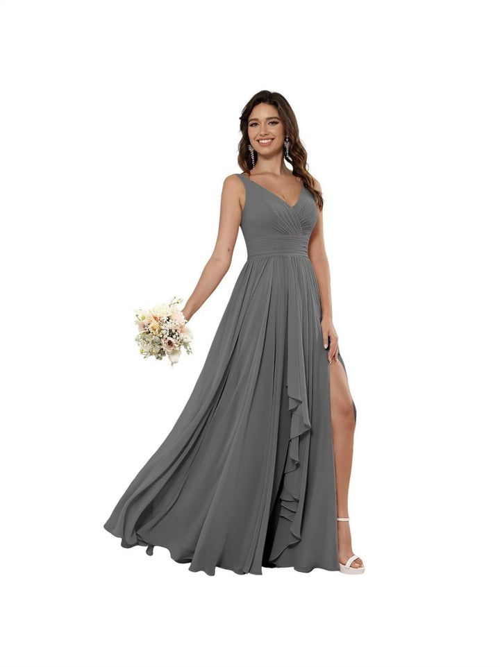 A-Line/Princess Chiffon V Neck Sleeveless Floor-Length Bridesmaid Dresses
