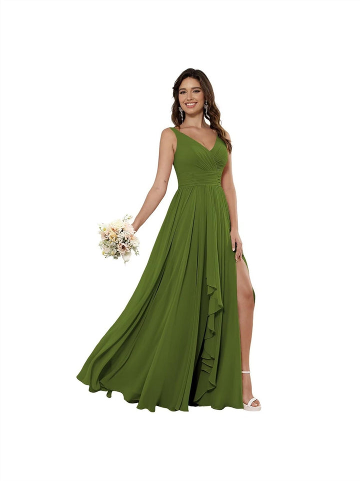 A-Line/Princess Chiffon V Neck Sleeveless Floor-Length Bridesmaid Dresses