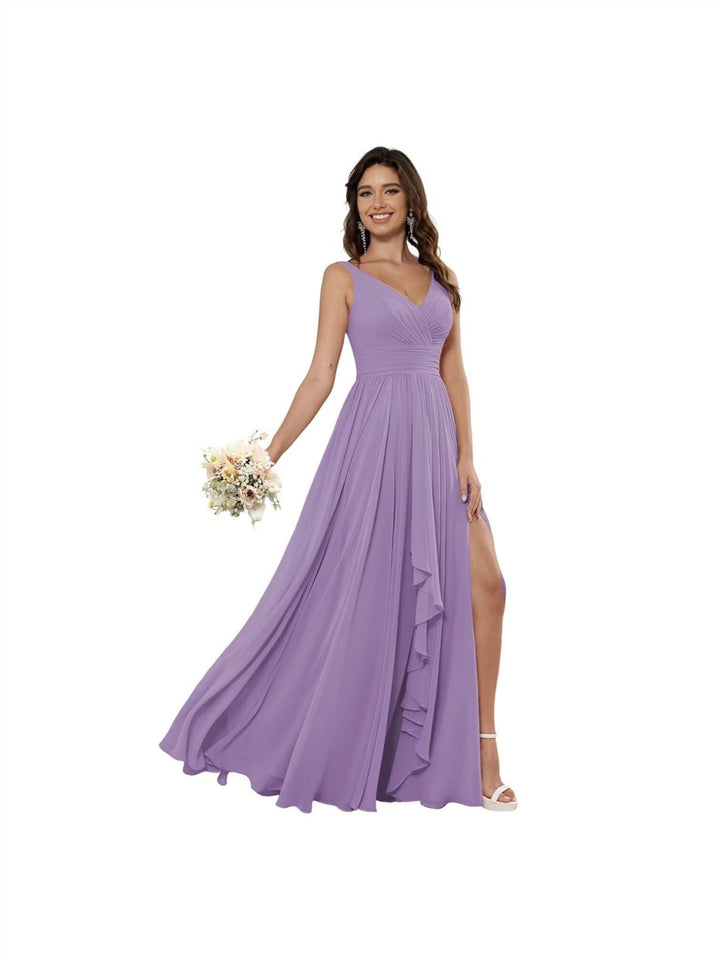 A-Line/Princess Chiffon V Neck Sleeveless Floor-Length Bridesmaid Dresses