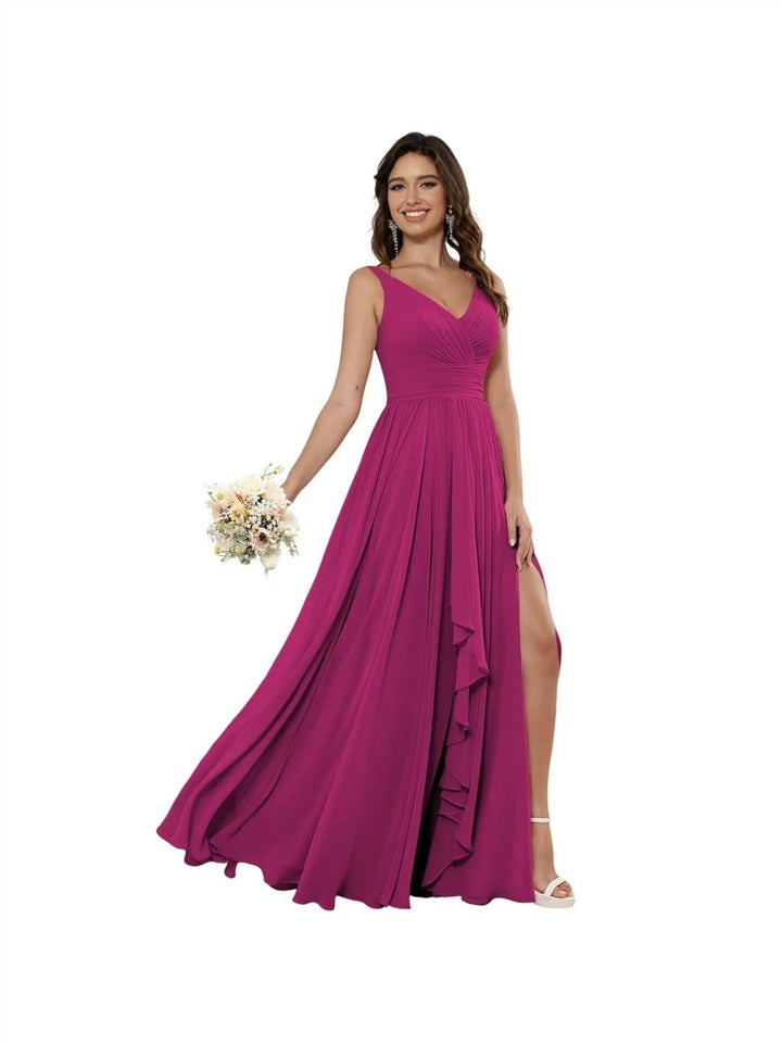 A-Line/Princess Chiffon V Neck Sleeveless Floor-Length Bridesmaid Dresses