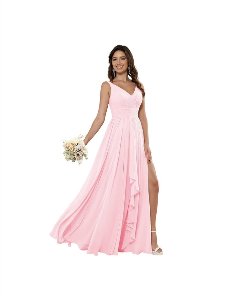 A-Line/Princess Chiffon V Neck Sleeveless Floor-Length Bridesmaid Dresses