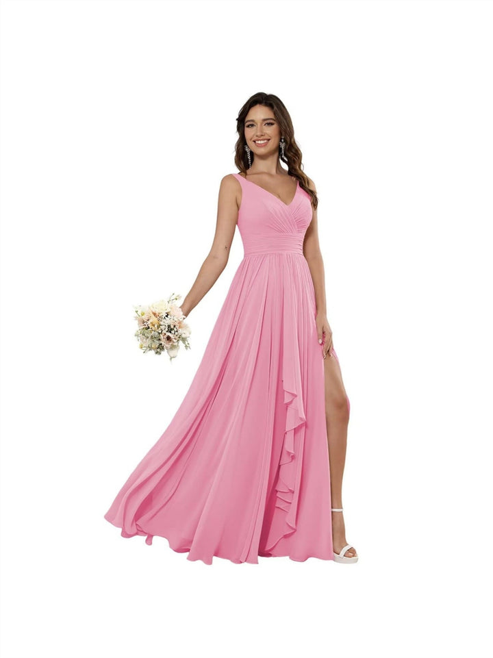 A-Line/Princess Chiffon V Neck Sleeveless Floor-Length Bridesmaid Dresses