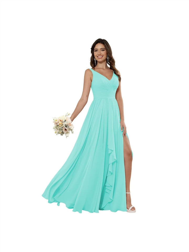 A-Line/Princess Chiffon V Neck Sleeveless Floor-Length Bridesmaid Dresses