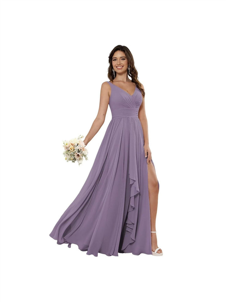 A-Line/Princess Chiffon V Neck Sleeveless Floor-Length Bridesmaid Dresses