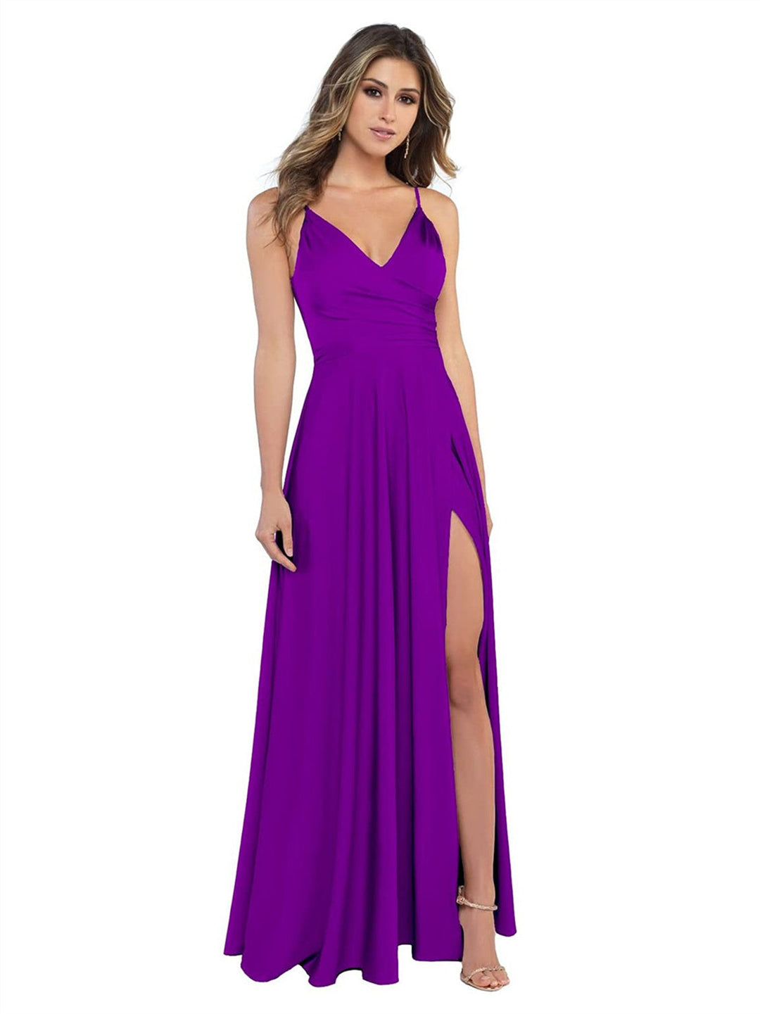 A-Line/Princess Satin V-Neck Sleeveless Floor-Length Bridesmaid Dresses