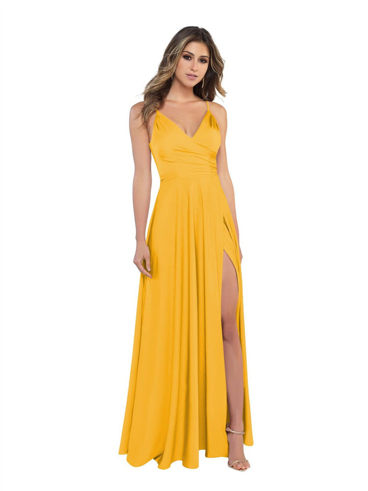 A-Line/Princess Satin V-Neck Sleeveless Floor-Length Bridesmaid Dresses