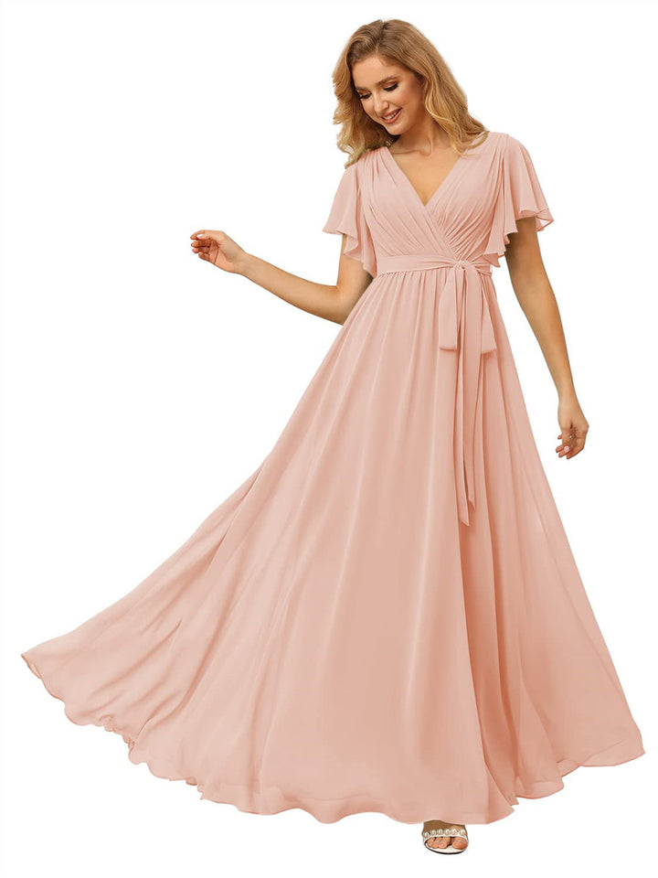A-Line/Princess Chiffon V-Neck Short Sleeves Ankle-Length Bridesmaid Dresses
