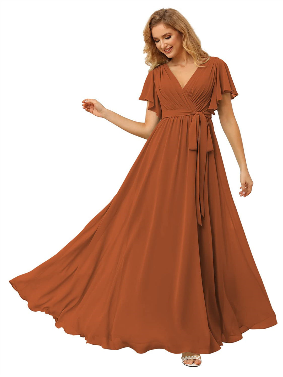 A-Line/Princess Chiffon V-Neck Short Sleeves Ankle-Length Bridesmaid Dresses