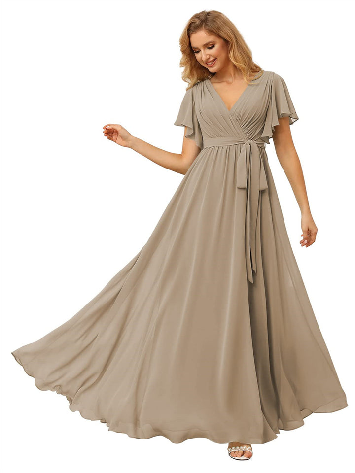 A-Line/Princess Chiffon V-Neck Short Sleeves Ankle-Length Bridesmaid Dresses