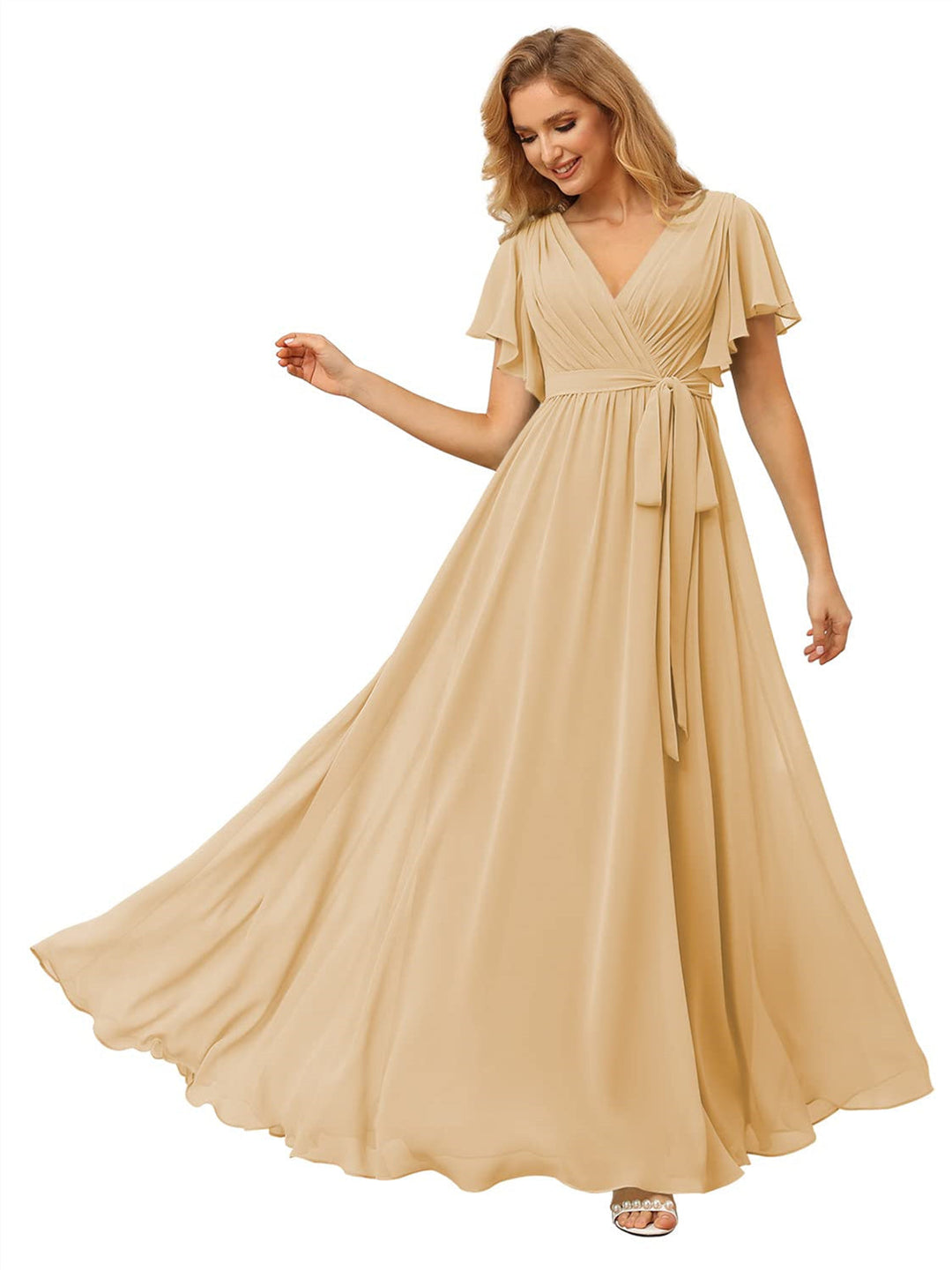 A-Line/Princess Chiffon V-Neck Short Sleeves Ankle-Length Bridesmaid Dresses