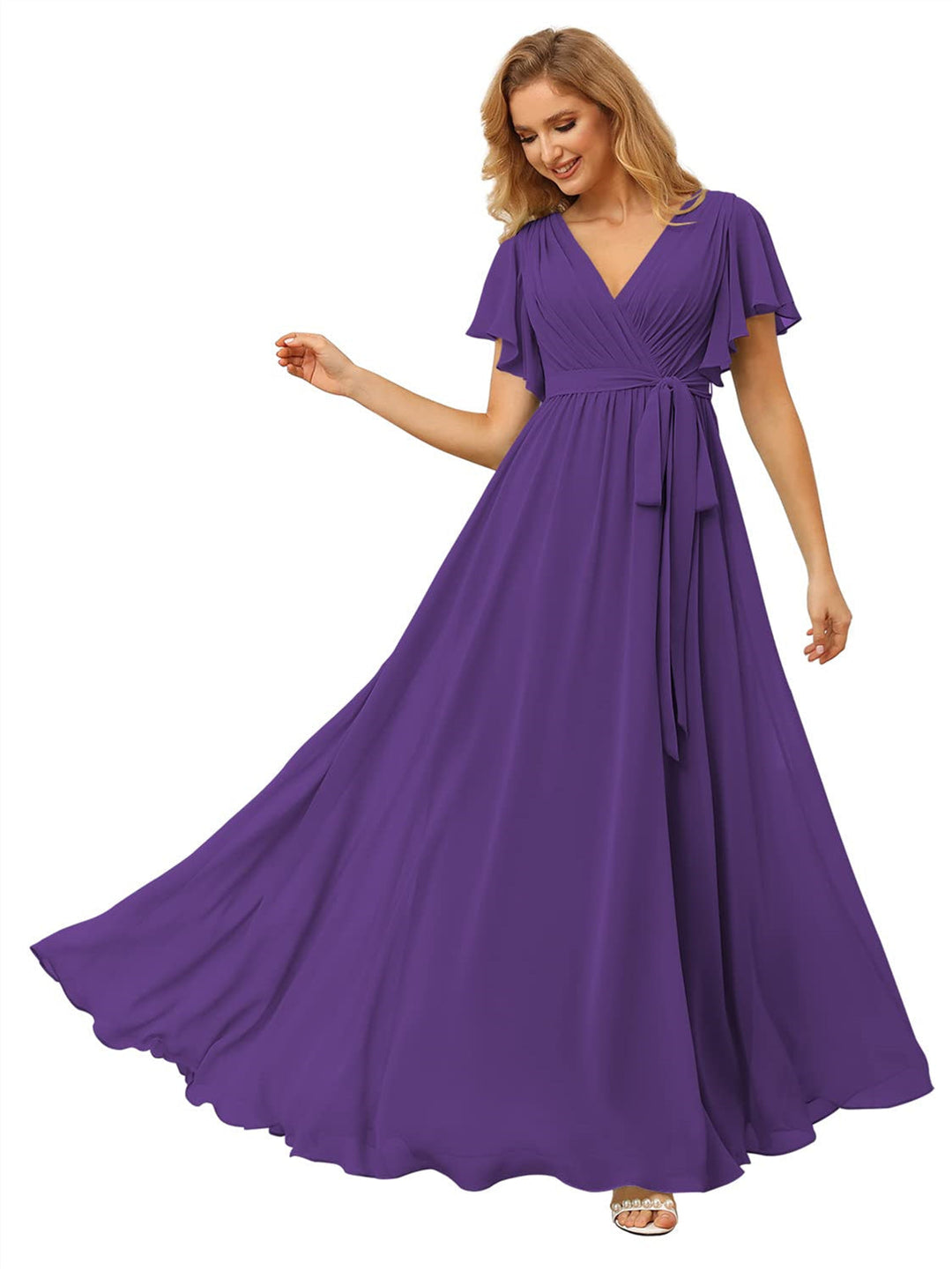 A-Line/Princess Chiffon V-Neck Short Sleeves Ankle-Length Bridesmaid Dresses