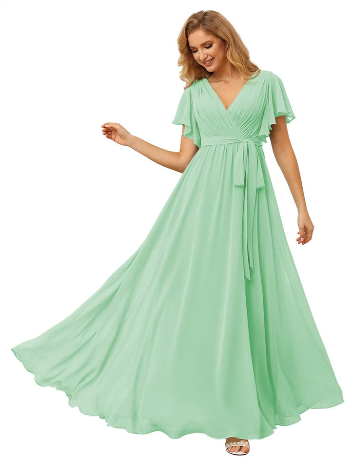 A-Line/Princess Chiffon V-Neck Short Sleeves Ankle-Length Bridesmaid Dresses