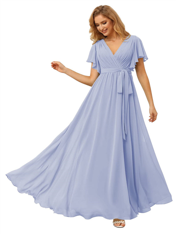 A-Line/Princess Chiffon V-Neck Short Sleeves Ankle-Length Bridesmaid Dresses