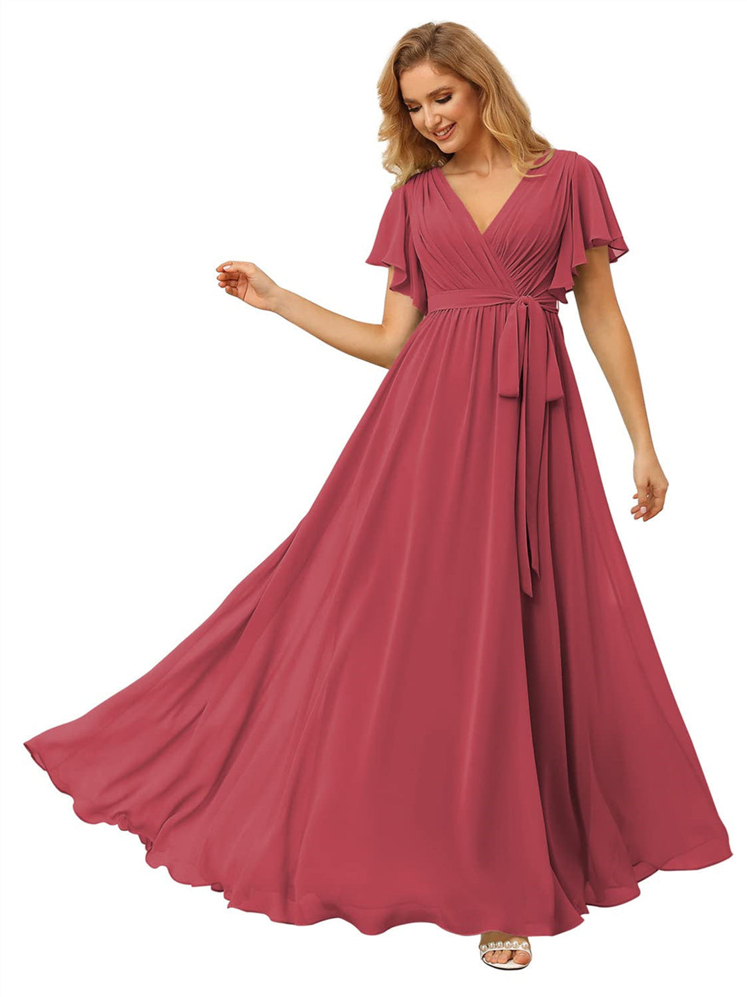 A-Line/Princess Chiffon V-Neck Short Sleeves Ankle-Length Bridesmaid Dresses