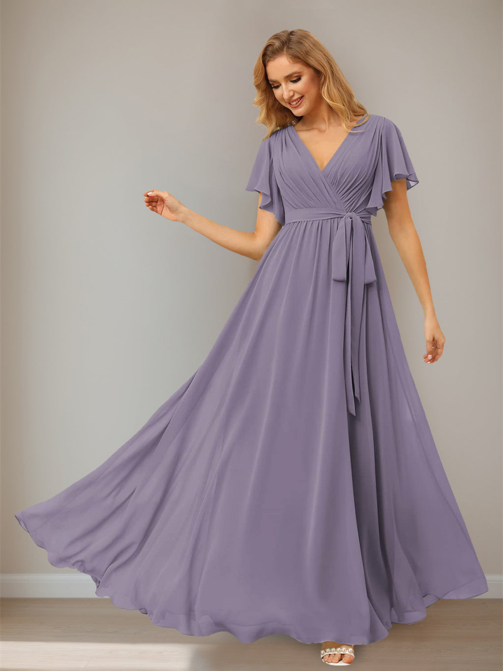 A-Line/Princess Chiffon V-Neck Short Sleeves Ankle-Length Bridesmaid Dresses
