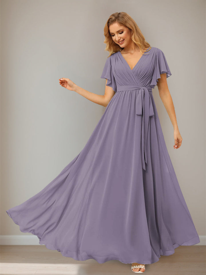 A-Line/Princess Chiffon V-Neck Short Sleeves Ankle-Length Bridesmaid Dresses