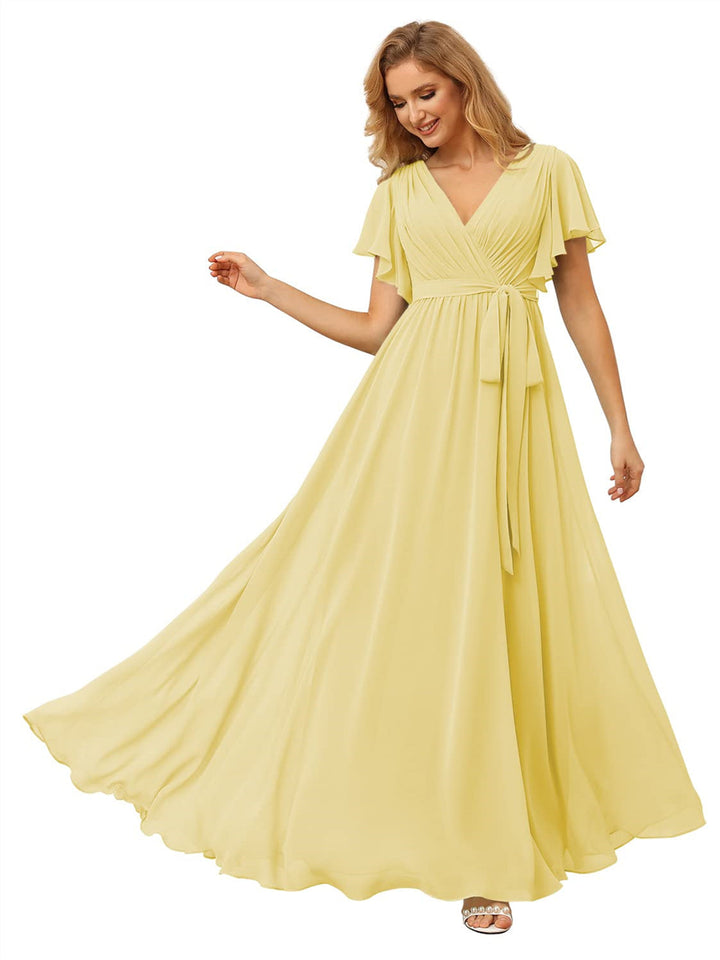 A-Line/Princess Chiffon V-Neck Short Sleeves Ankle-Length Bridesmaid Dresses