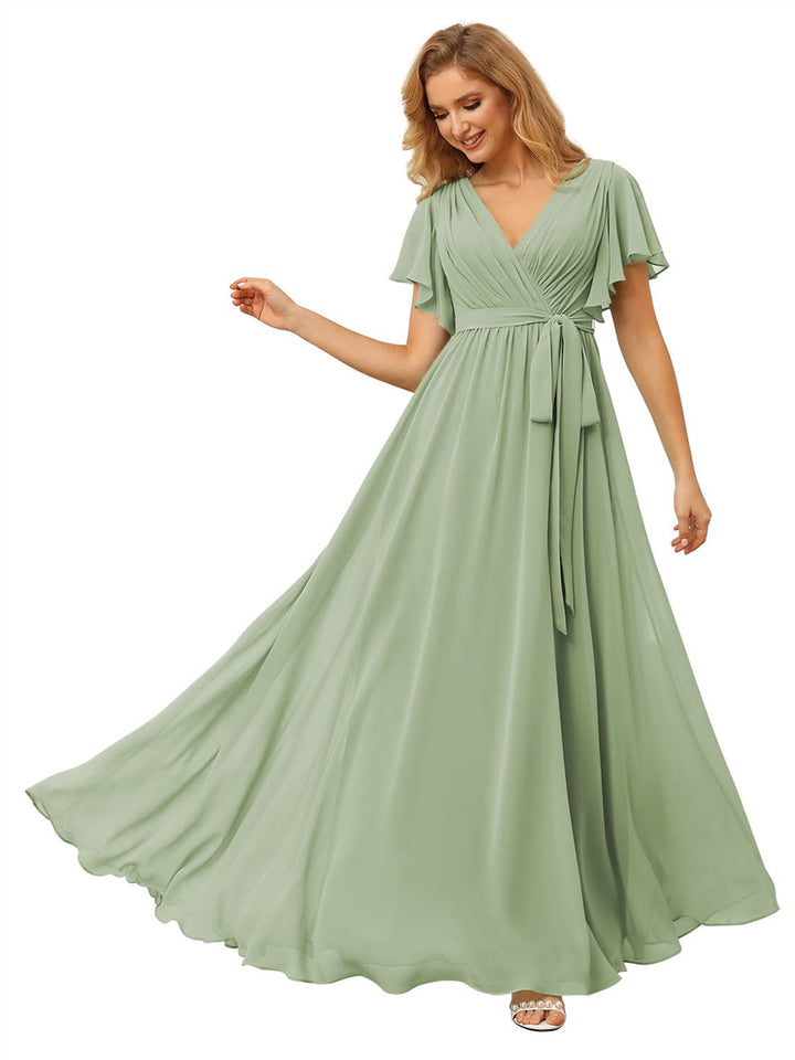 A-Line/Princess Chiffon V-Neck Short Sleeves Ankle-Length Bridesmaid Dresses