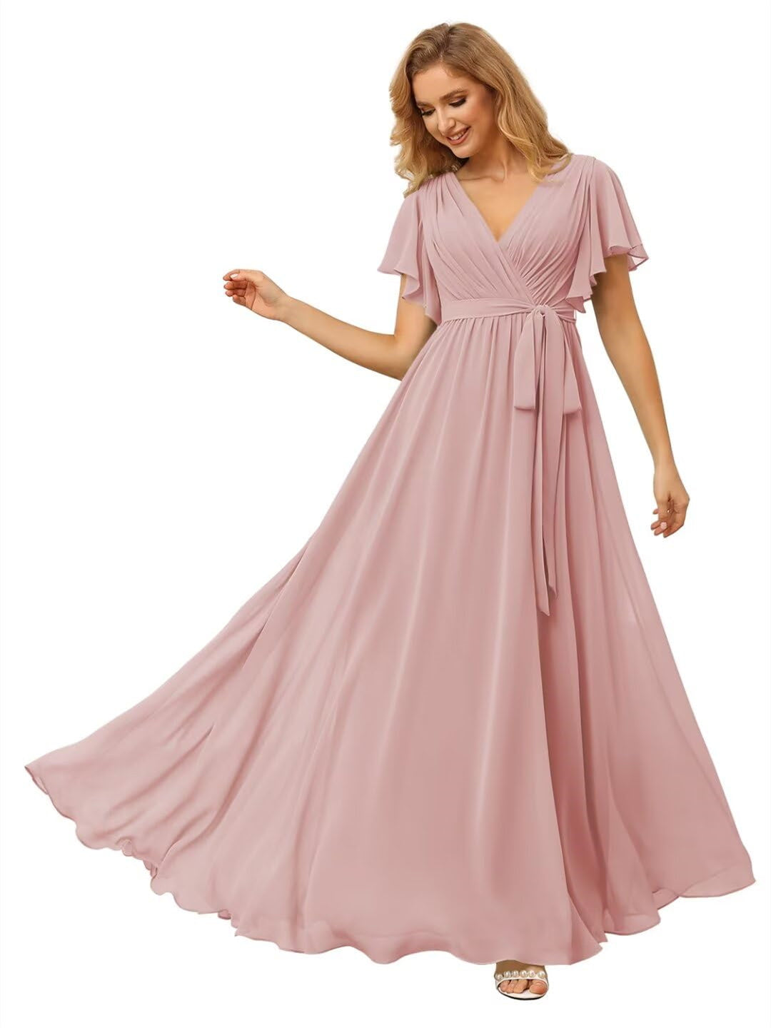 A-Line/Princess Chiffon V-Neck Short Sleeves Ankle-Length Bridesmaid Dresses