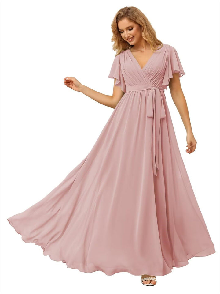 A-Line/Princess Chiffon V-Neck Short Sleeves Ankle-Length Bridesmaid Dresses