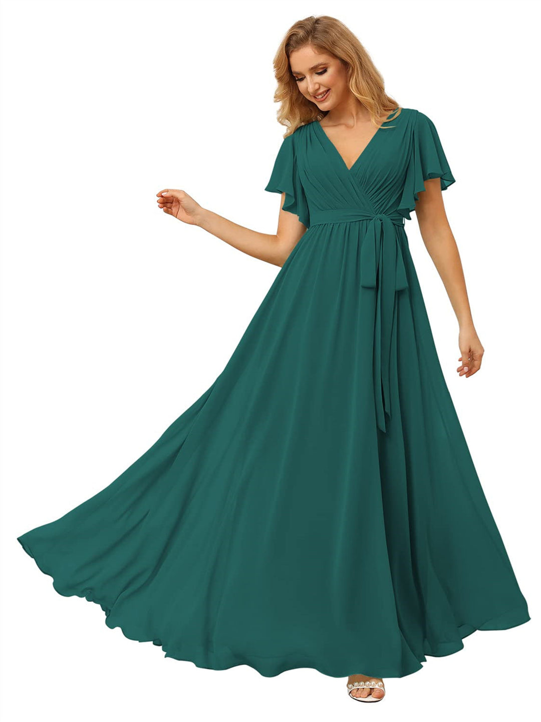 A-Line/Princess Chiffon V-Neck Short Sleeves Ankle-Length Bridesmaid Dresses
