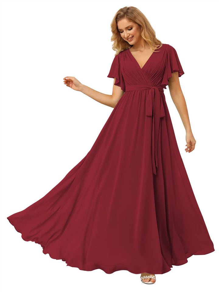 A-Line/Princess Chiffon V-Neck Short Sleeves Ankle-Length Bridesmaid Dresses