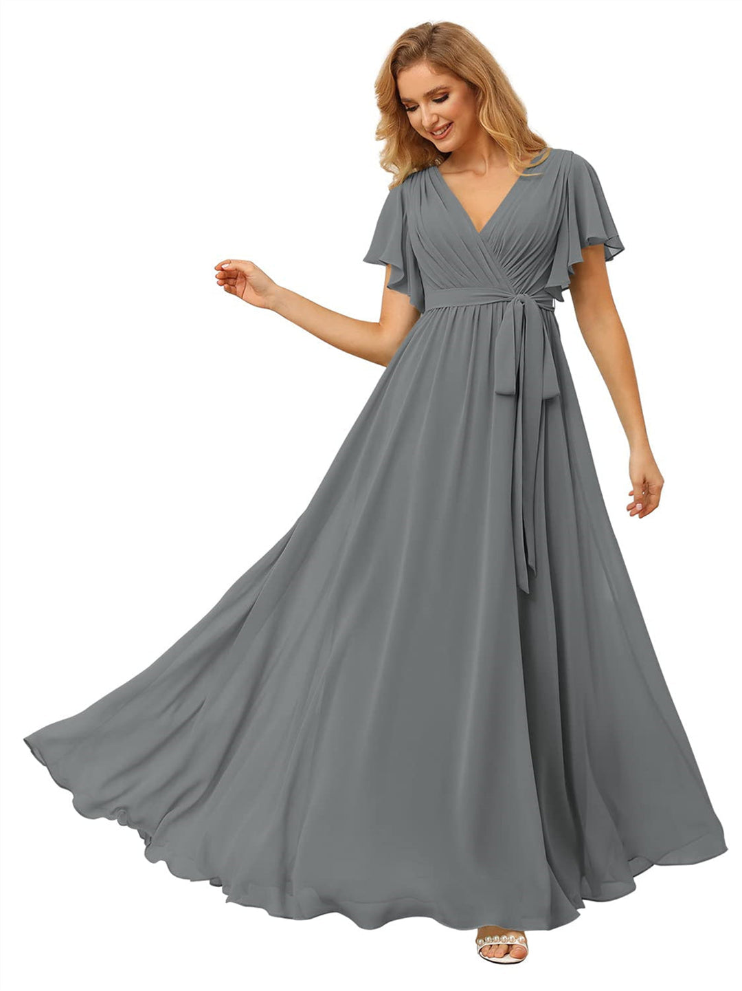 A-Line/Princess Chiffon V-Neck Short Sleeves Ankle-Length Bridesmaid Dresses