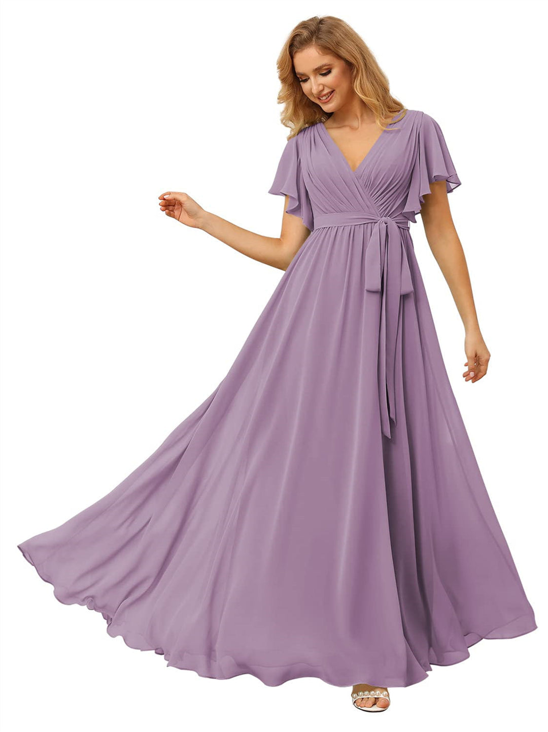 A-Line/Princess Chiffon V-Neck Short Sleeves Ankle-Length Bridesmaid Dresses
