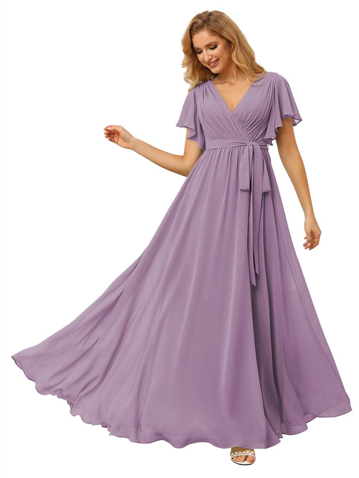 A-Line/Princess Chiffon V-Neck Short Sleeves Ankle-Length Bridesmaid Dresses
