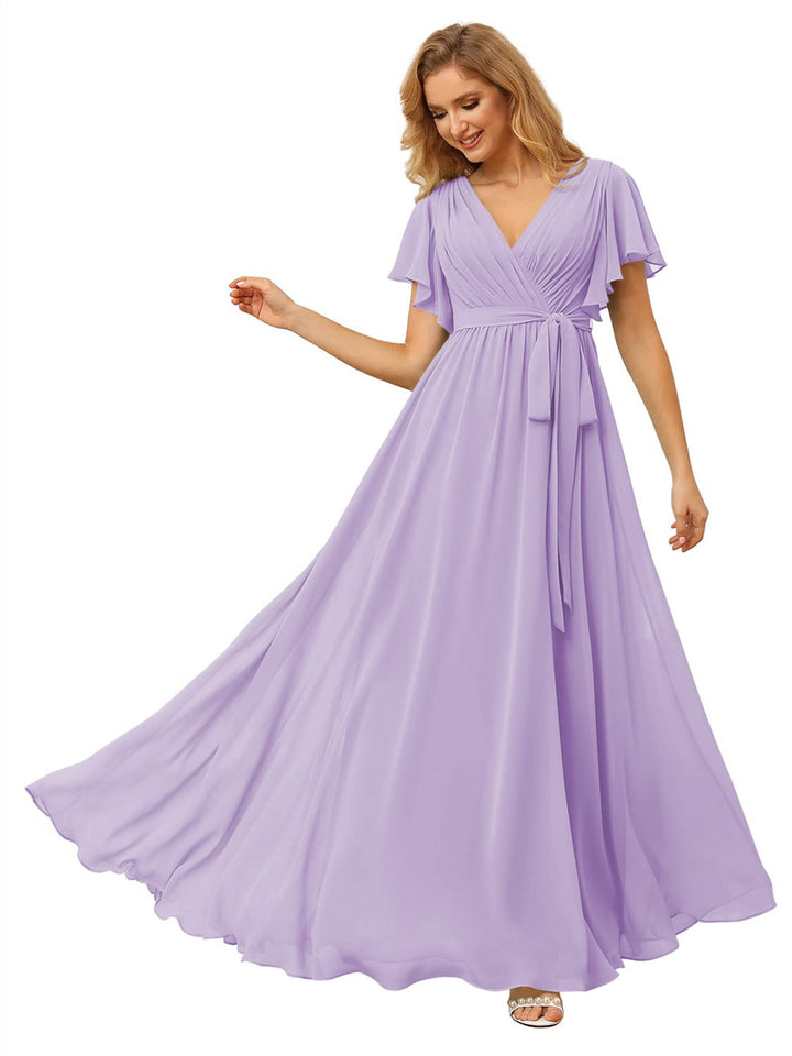 A-Line/Princess Chiffon V-Neck Short Sleeves Ankle-Length Bridesmaid Dresses
