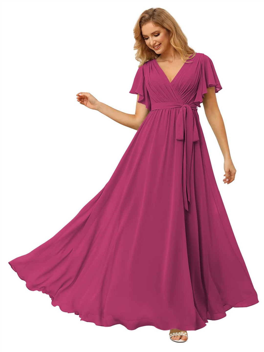A-Line/Princess Chiffon V-Neck Short Sleeves Ankle-Length Bridesmaid Dresses