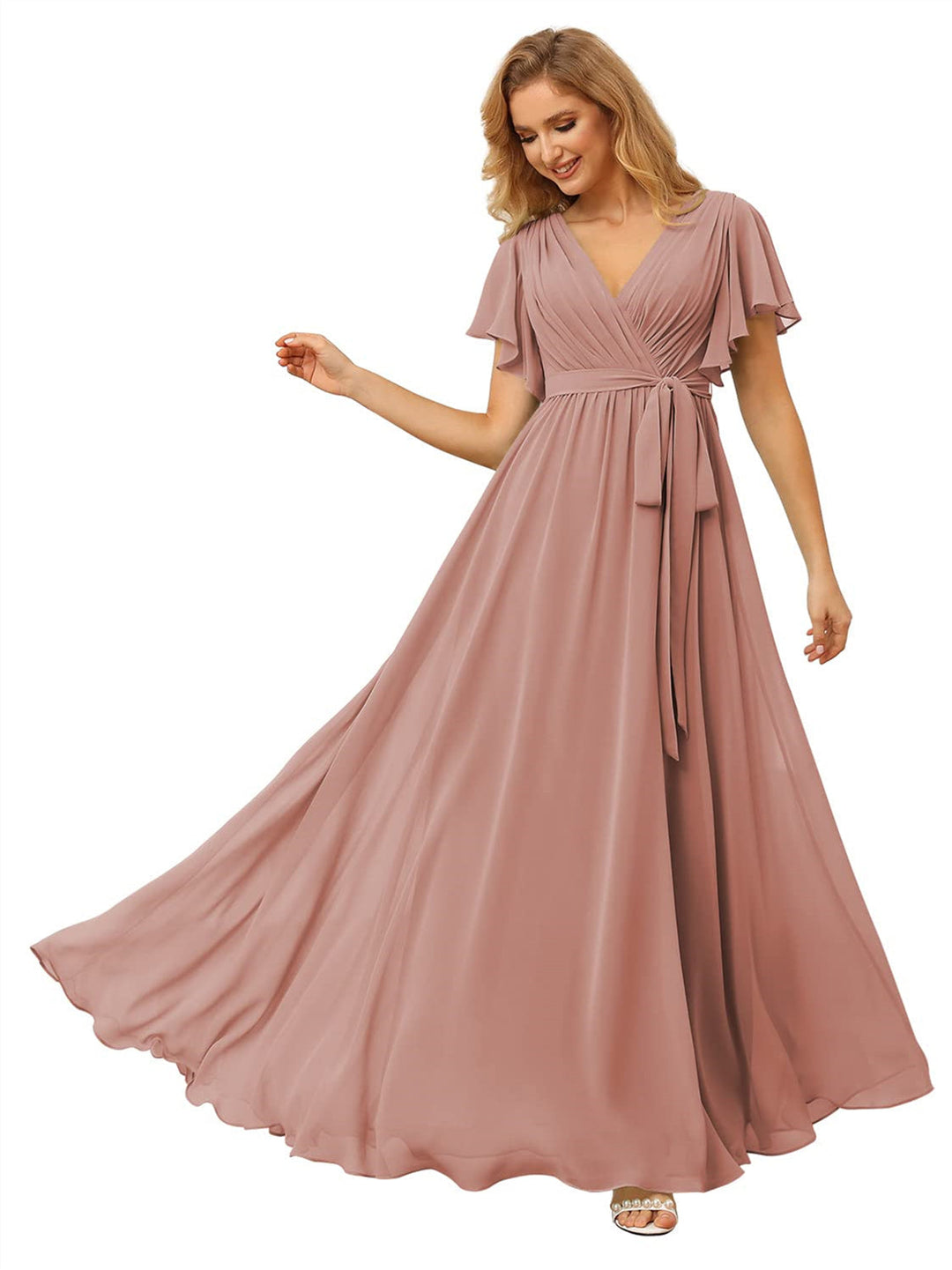 A-Line/Princess Chiffon V-Neck Short Sleeves Ankle-Length Bridesmaid Dresses