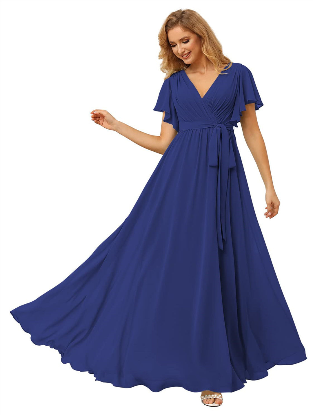 A-Line/Princess Chiffon V-Neck Short Sleeves Ankle-Length Bridesmaid Dresses
