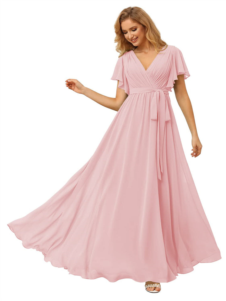 A-Line/Princess Chiffon V-Neck Short Sleeves Ankle-Length Bridesmaid Dresses
