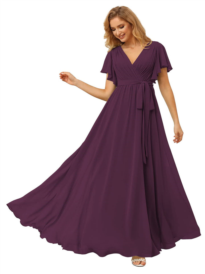 A-Line/Princess Chiffon V-Neck Short Sleeves Ankle-Length Bridesmaid Dresses