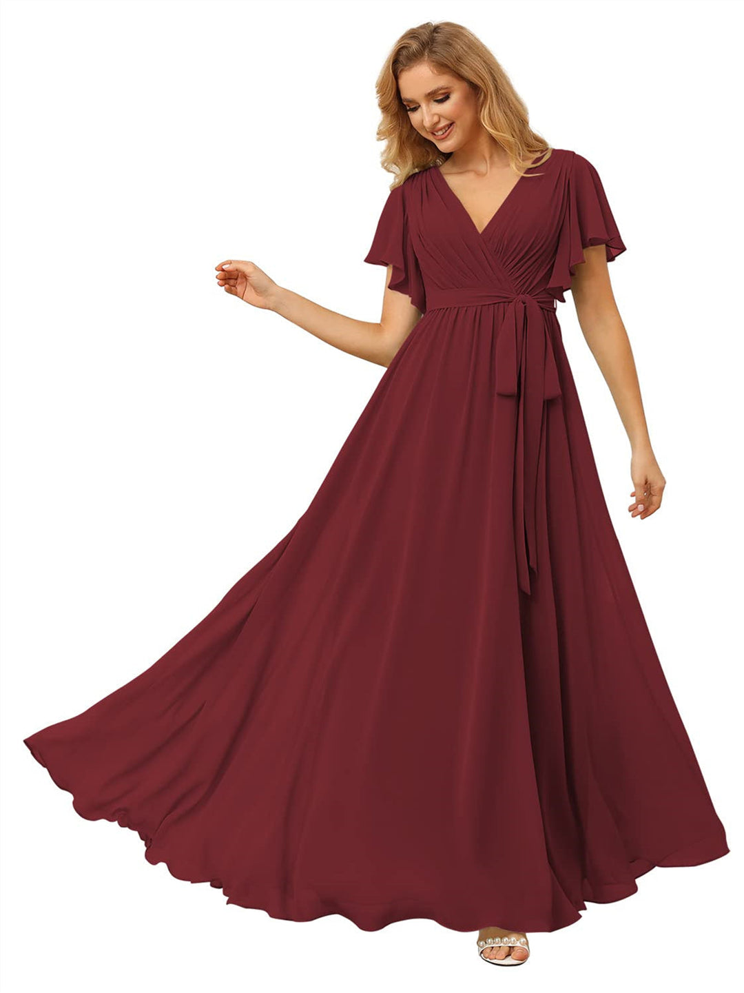 A-Line/Princess Chiffon V-Neck Short Sleeves Ankle-Length Bridesmaid Dresses
