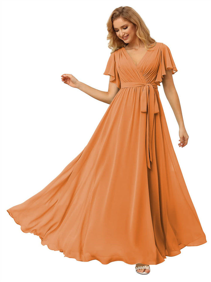 A-Line/Princess Chiffon V-Neck Short Sleeves Ankle-Length Bridesmaid Dresses
