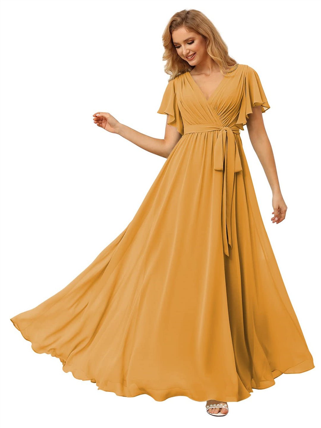 A-Line/Princess Chiffon V-Neck Short Sleeves Ankle-Length Bridesmaid Dresses