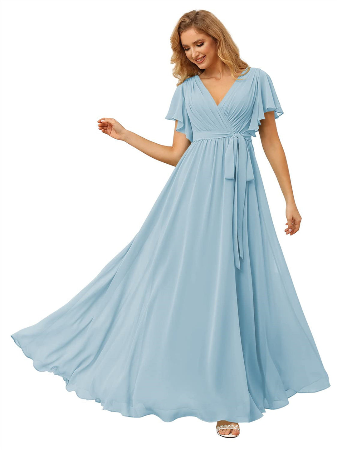 A-Line/Princess Chiffon V-Neck Short Sleeves Ankle-Length Bridesmaid Dresses
