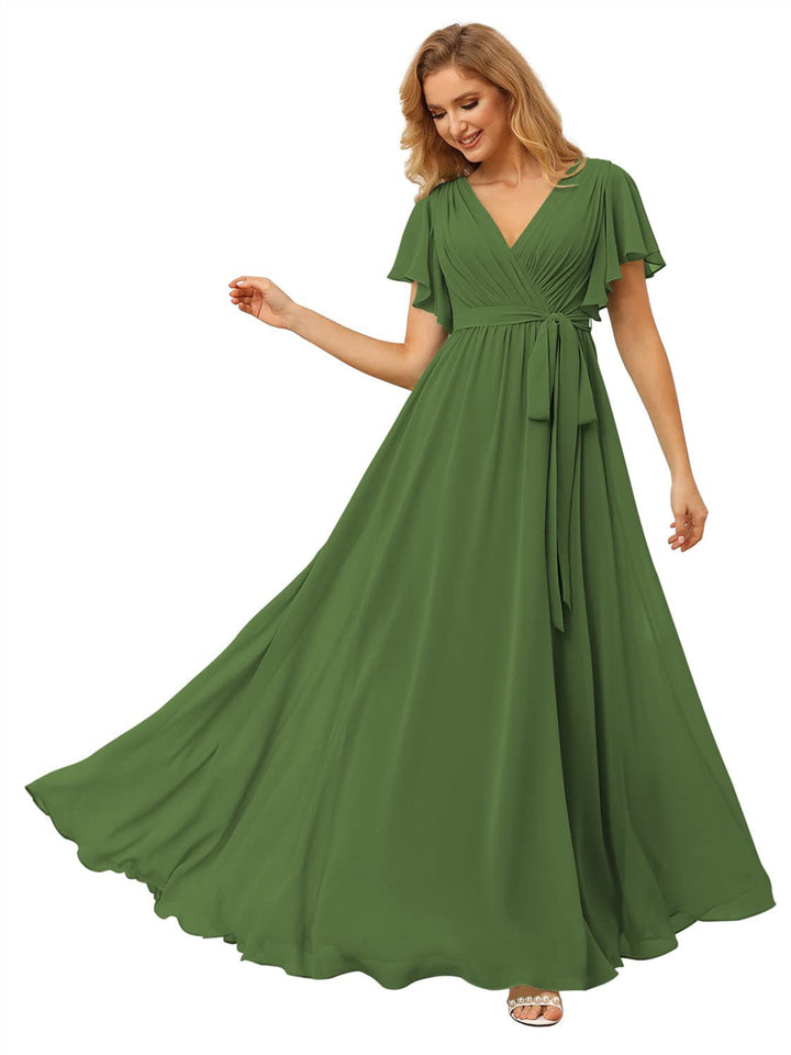 A-Line/Princess Chiffon V-Neck Short Sleeves Ankle-Length Bridesmaid Dresses