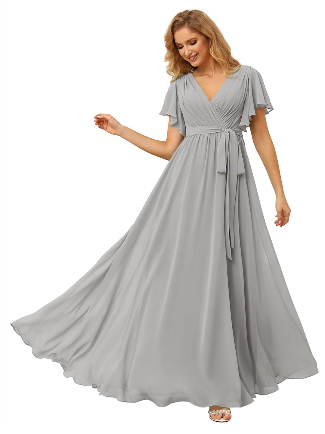 A-Line/Princess Chiffon V-Neck Short Sleeves Ankle-Length Bridesmaid Dresses