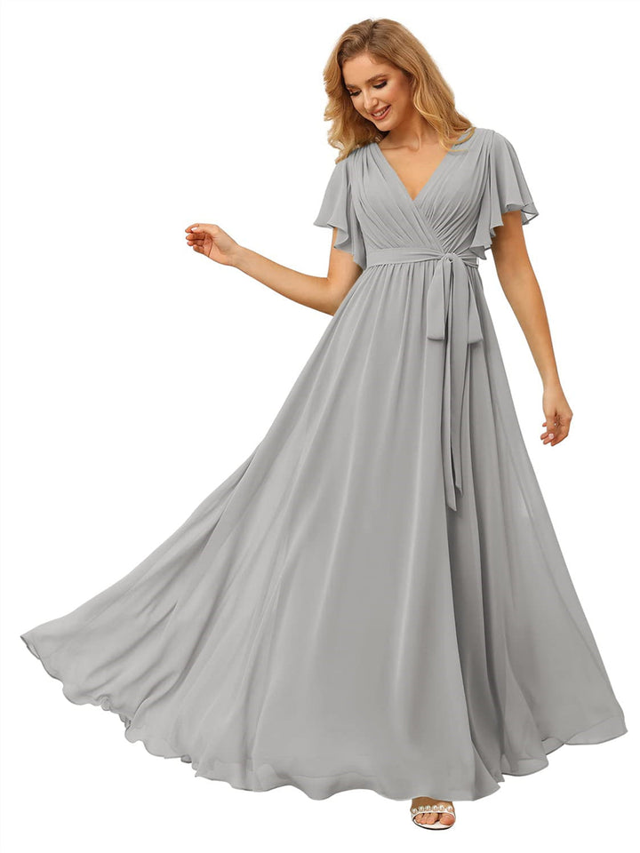 A-Line/Princess Chiffon V-Neck Short Sleeves Ankle-Length Bridesmaid Dresses