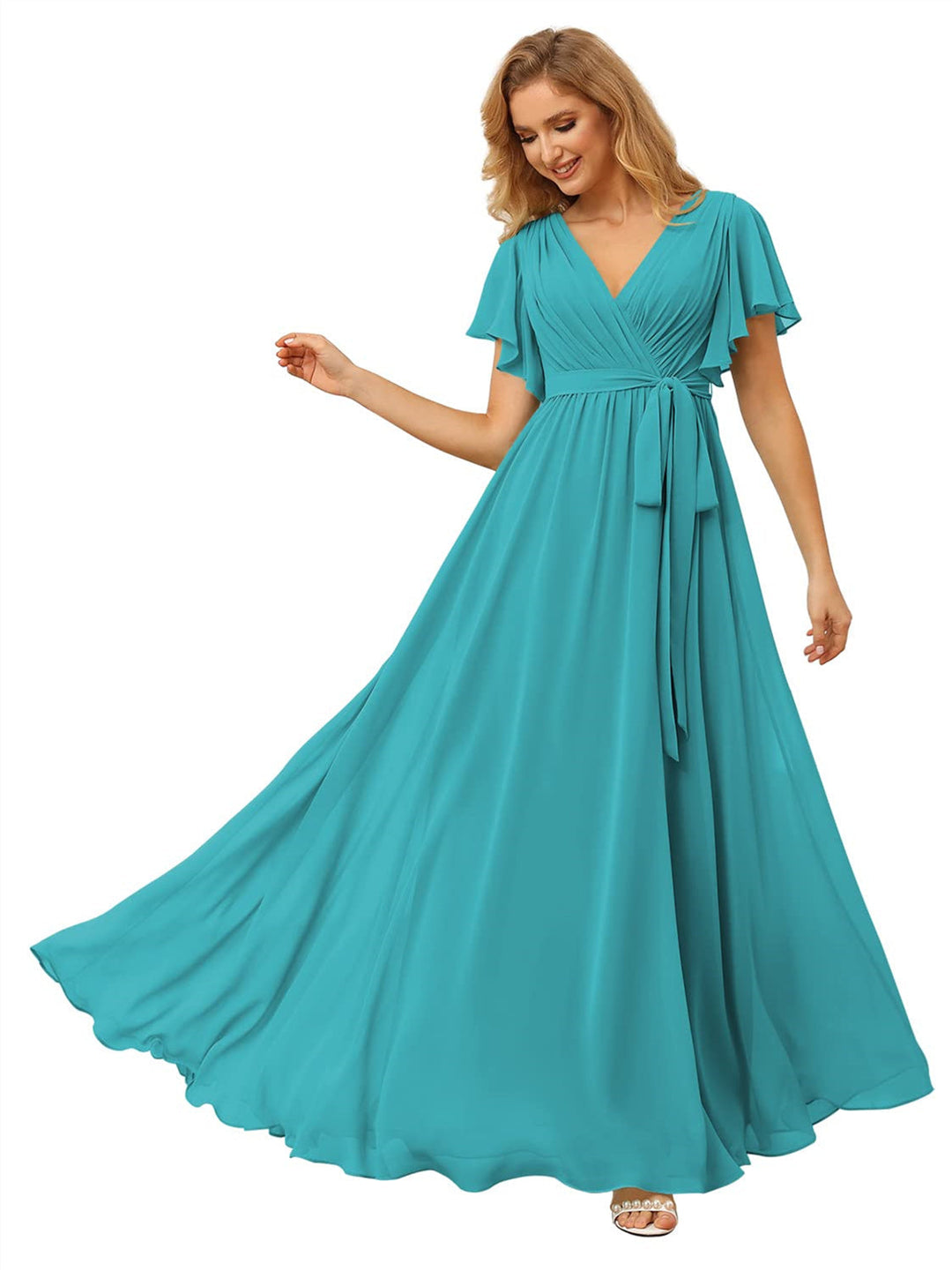 A-Line/Princess Chiffon V-Neck Short Sleeves Ankle-Length Bridesmaid Dresses