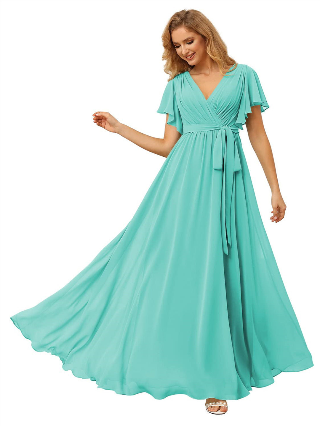 A-Line/Princess Chiffon V-Neck Short Sleeves Ankle-Length Bridesmaid Dresses