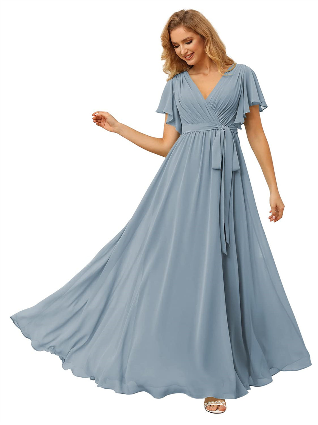 A-Line/Princess Chiffon V-Neck Short Sleeves Ankle-Length Bridesmaid Dresses