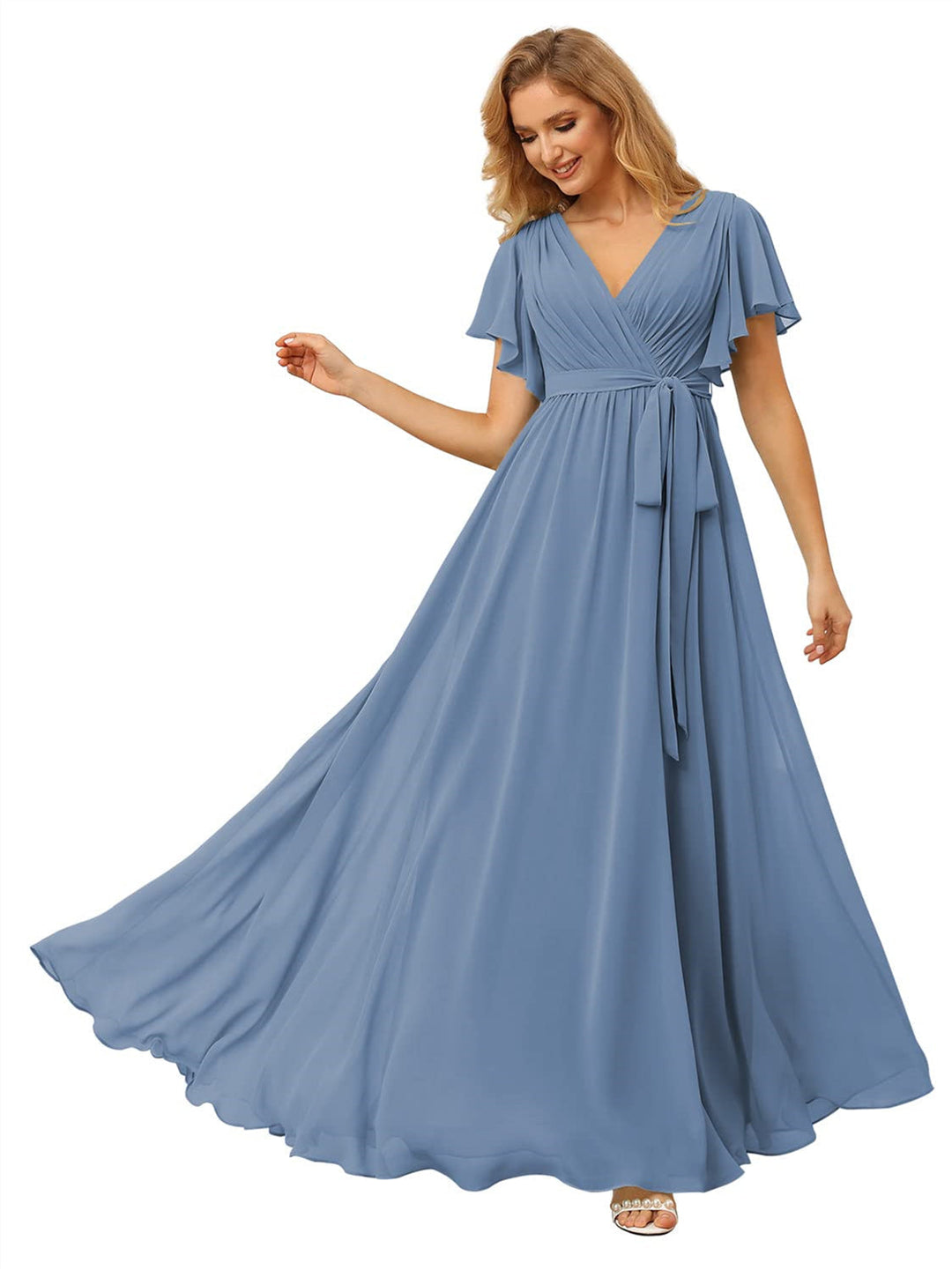 A-Line/Princess Chiffon V-Neck Short Sleeves Ankle-Length Bridesmaid Dresses